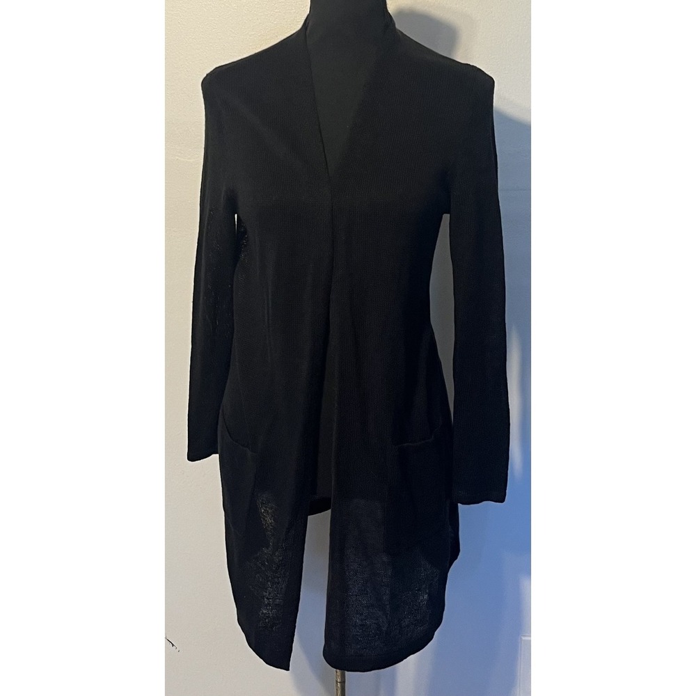 J. Jill Cardigan Sweater Womens S Petite Black Open Knit Linen Blend